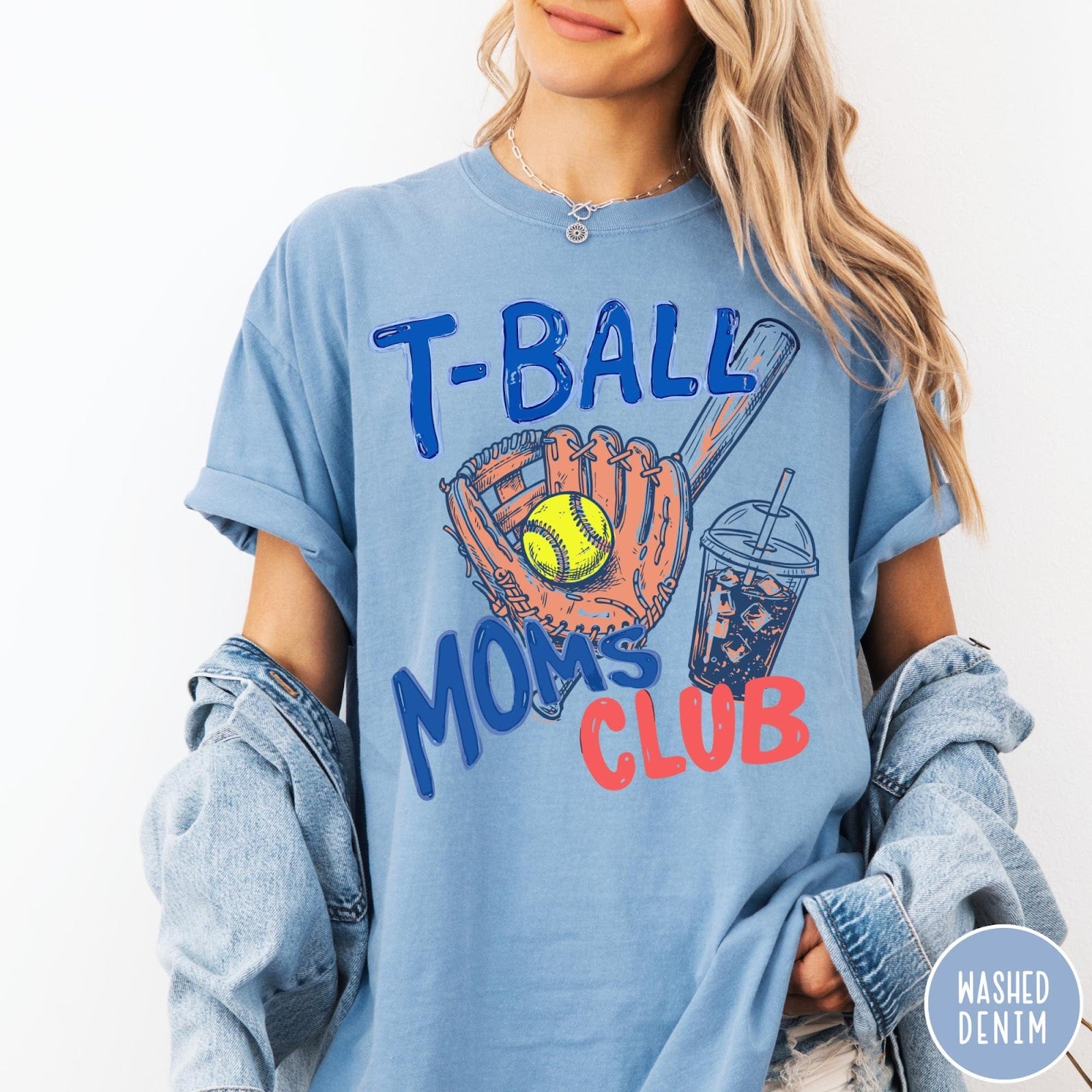 Comfort Colors tee in Washed Denim featuring retro graphic style T-Ball Moms Club with glove and iced coffee