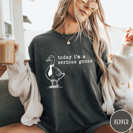 Comfort Colors tee in Pepper featuring minimalist graphic design of a goose wearing a necktie and text