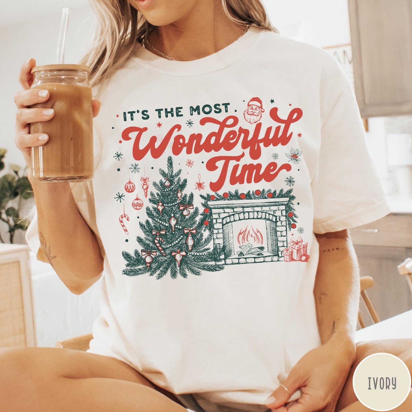 Comfort Colors tee in Ivory featuring Christmas design with a decorated tree and a cozy fireplace scene