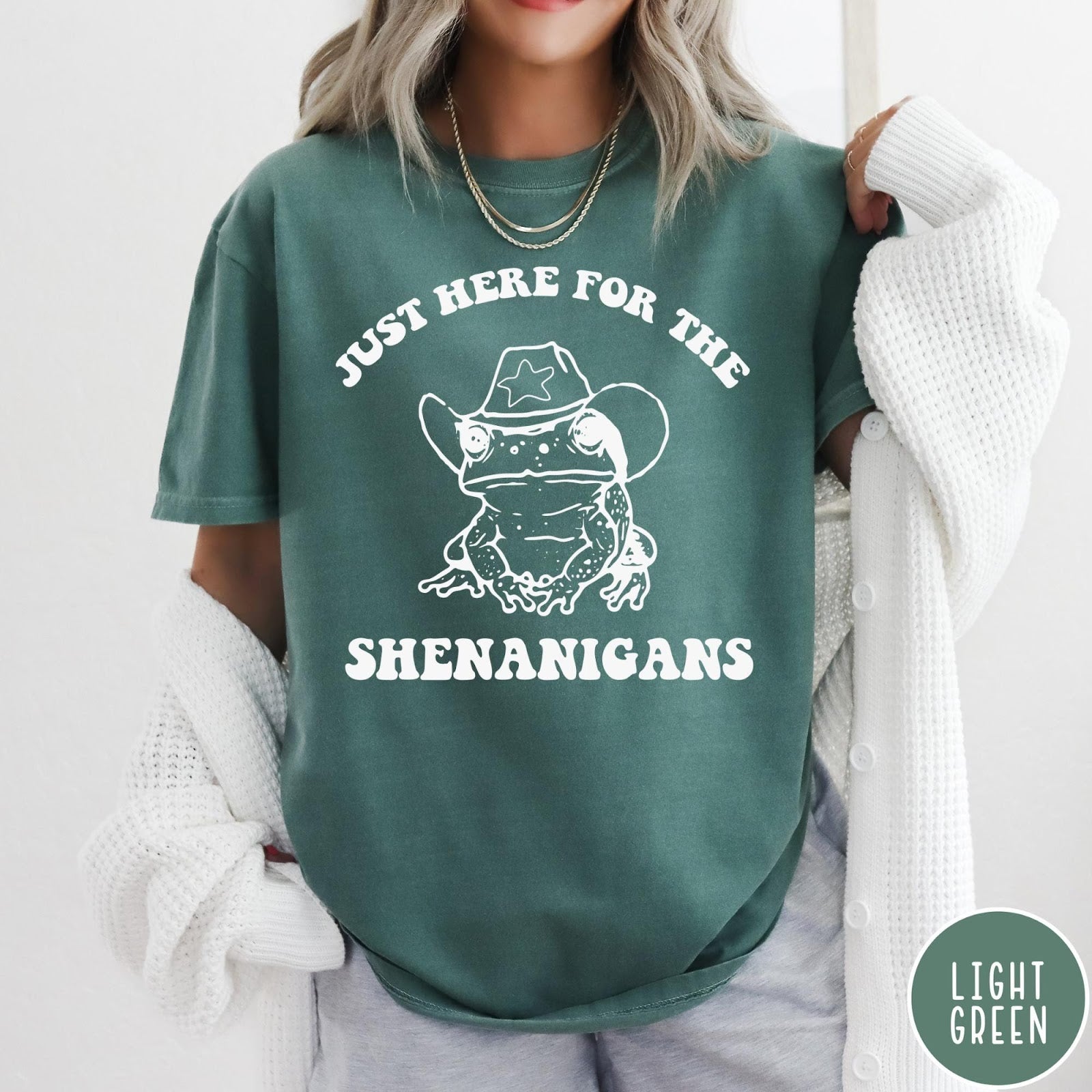 Comfort Colors tee in Light Green featuring western style graphic of a frog wearing a cowboy hat