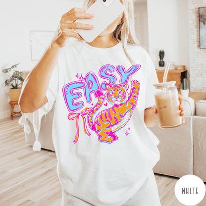 Comfort Colors tee in White featuring retro graphic style with a tiger and the word Easy