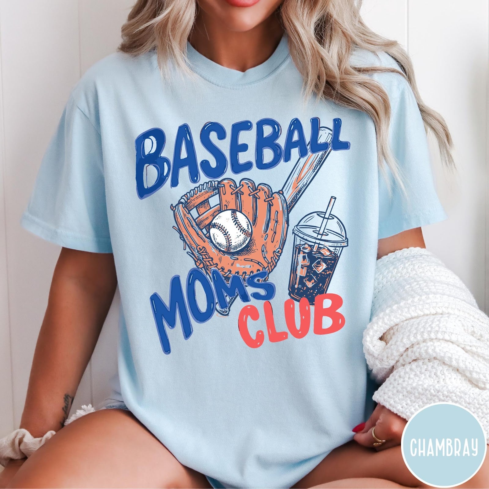Comfort Colors tee in Chambray featuring baseball mom graphic with a glove, ball, bat, and iced coffee