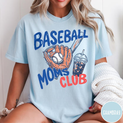 Comfort Colors tee in Chambray featuring baseball mom graphic with a glove, ball, bat, and iced coffee