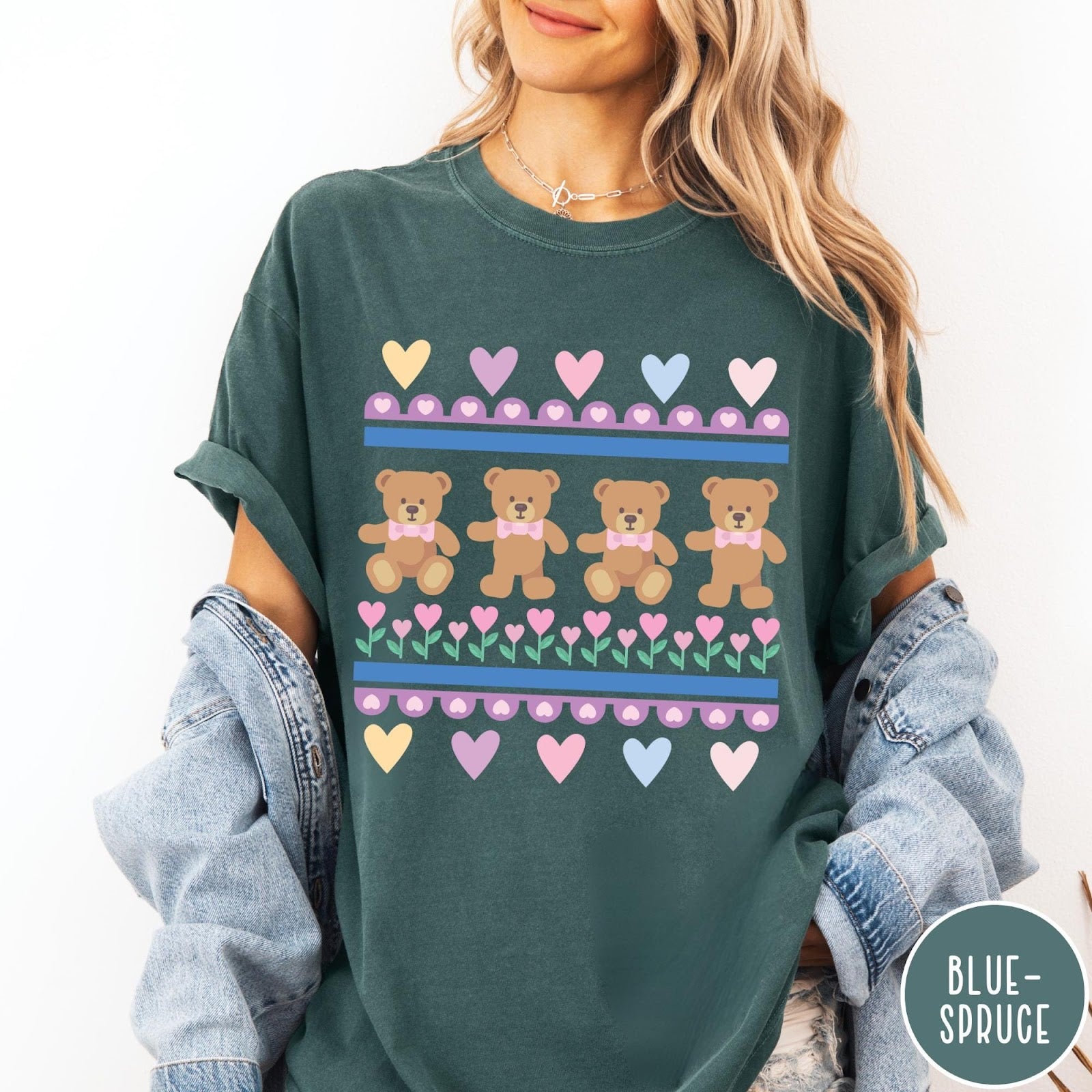 Comfort Colors tee in Blue Spruce featuring vintage teddy bear pattern with hearts and pink bow tie bears