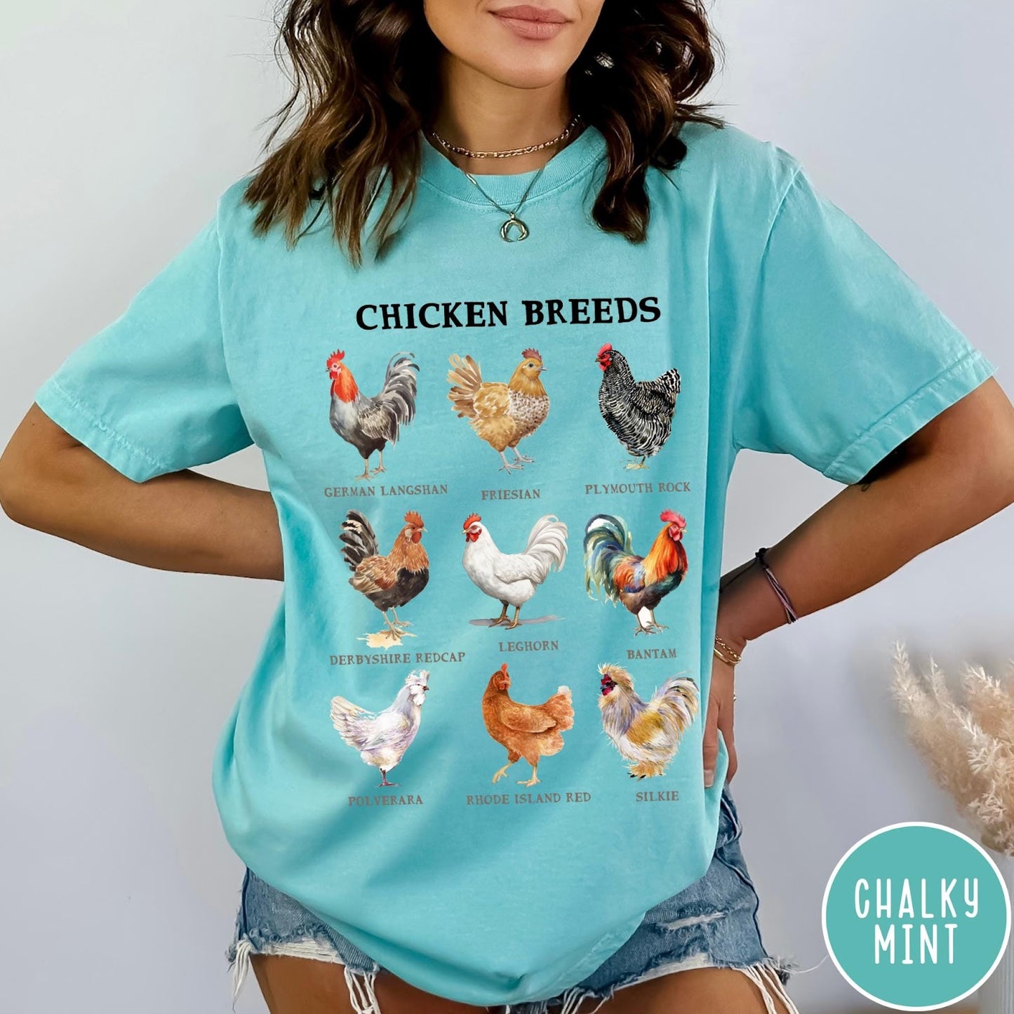 Comfort Colors tee in Chalky Mint featuring vintage style graphic illustration of nine different chicken breeds with labels