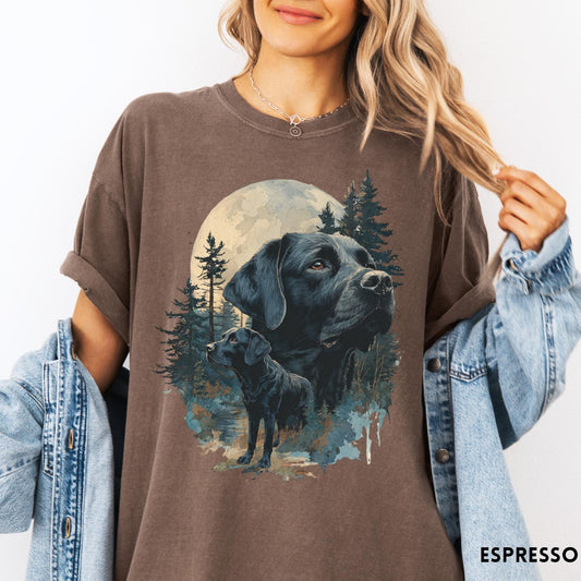 Comfort Colors tee in Espresso featuring nature style graphic of black Labrador dogs in a forest moon scene