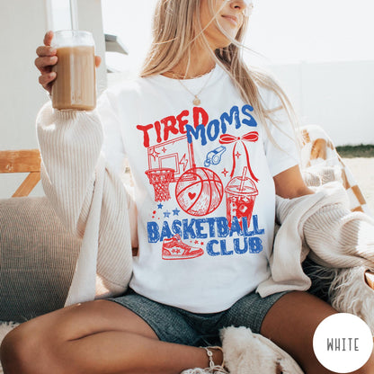 Comfort Colors tee in White featuring basketball mom life graphic with basketball, hoop, whistle, and drink illustration