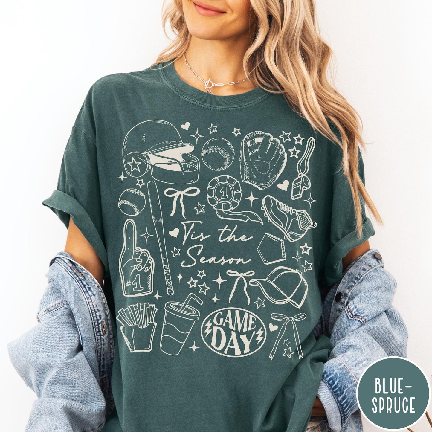 Comfort Colors tee in Blue Spruce featuring baseball game day graphic with helmet, bat, ball, and snacks.
