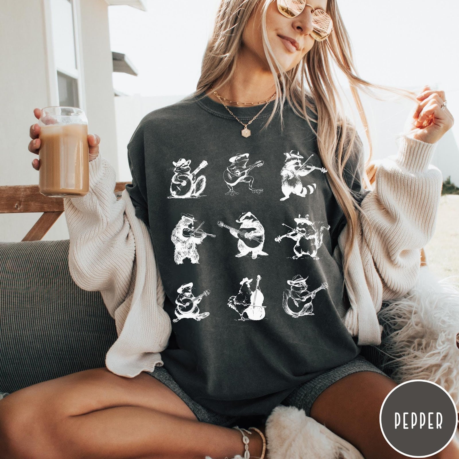 Comfort Colors tee in Pepper featuring vintage style graphic of various animals playing different musical instruments