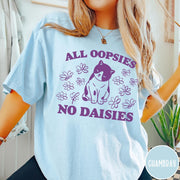 Comfort Colors tee in Chambray featuring cute cat graphic with purple text reading All Oopsies No Daisies