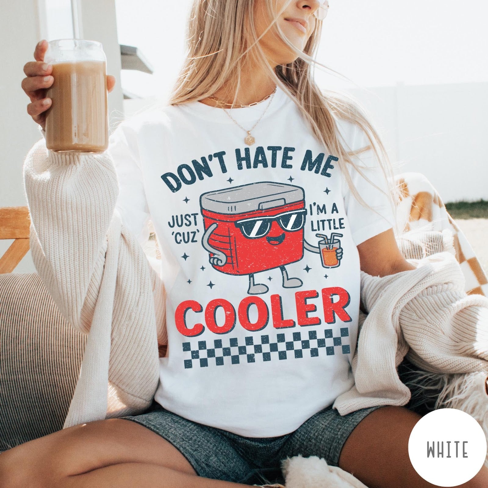 Comfort Colors tee in White featuring retro cooler graphic with sunglasses and a drink with text