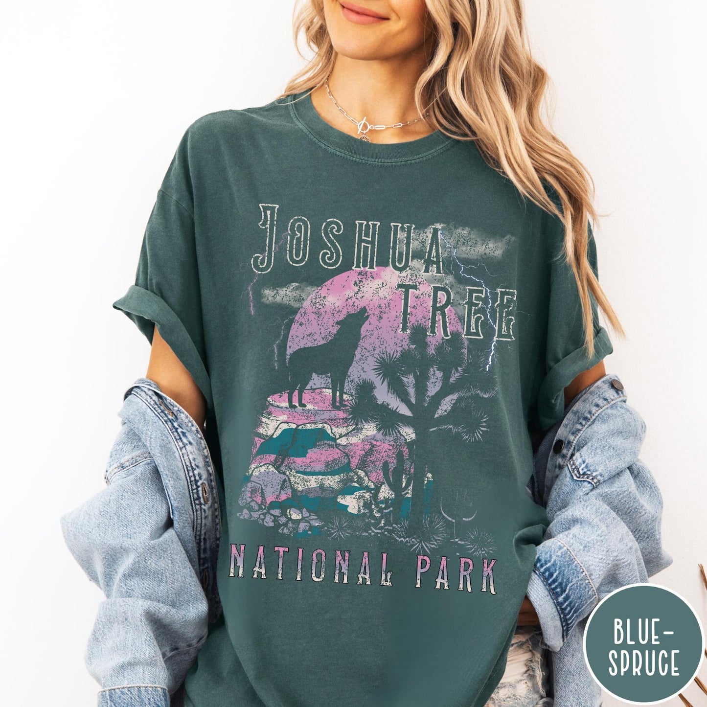 Comfort Colors tee in Blue Spruce featuring vintage style graphic of a howling wolf at Joshua Tree National Park