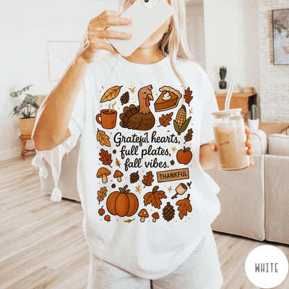 Comfort Colors tee in White featuring fall design style with turkey, pumpkin, pie, and autumn harvest elements