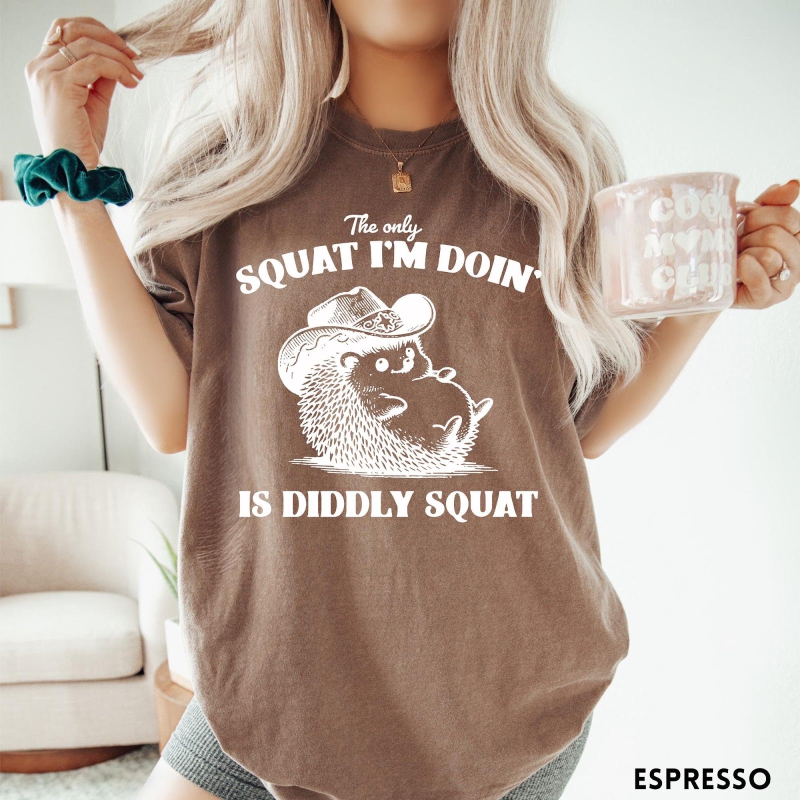 Comfort Colors tee in Espresso featuring cute graphic style illustration of a hedgehog wearing a cowboy hat