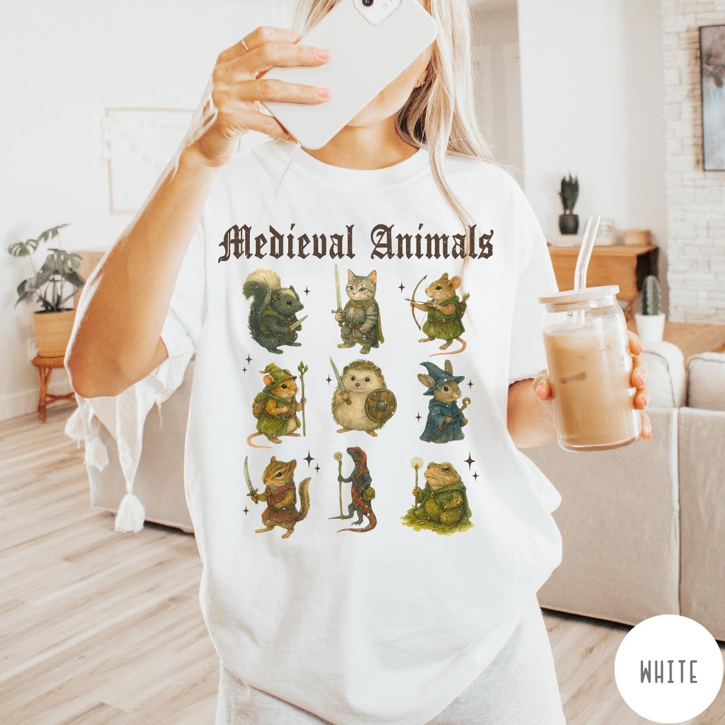 Comfort Colors tee in White featuring medieval fantasy style graphic of nine various animals in knightly attire