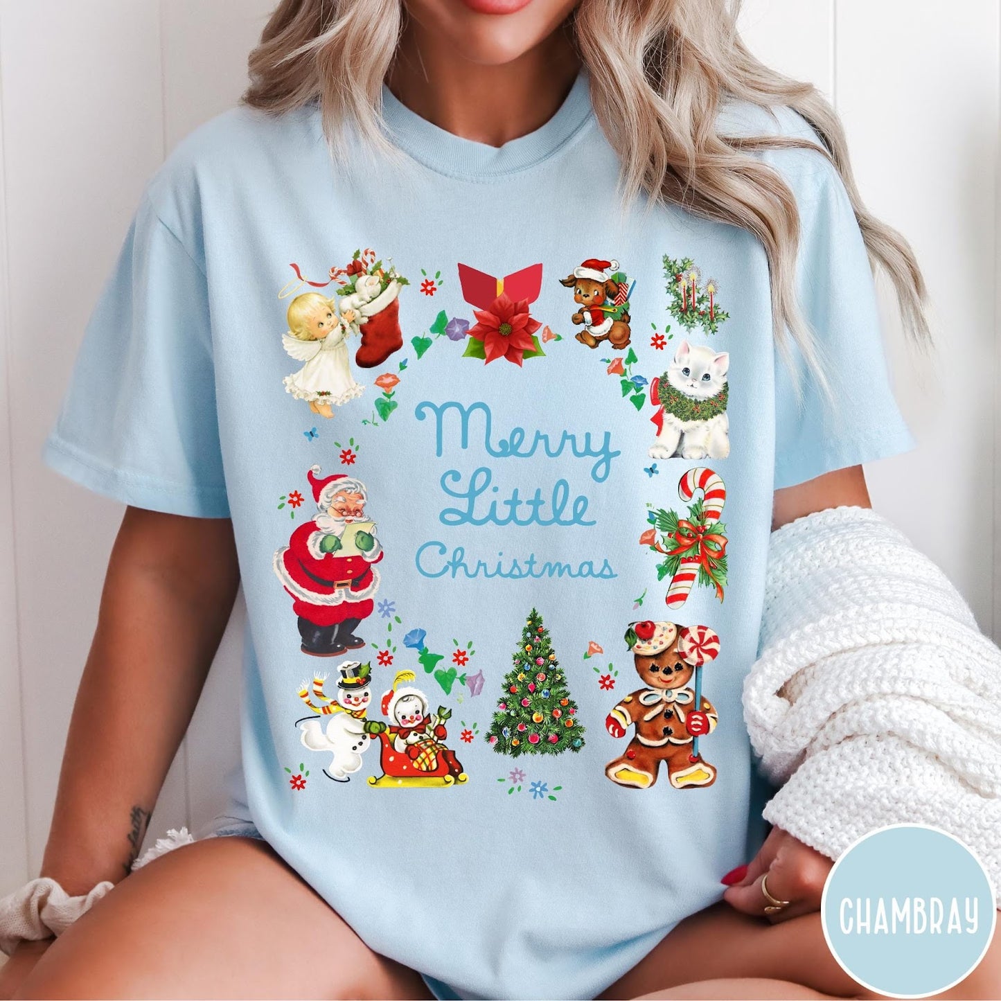 Comfort Colors tee in Chambray featuring vintage style holiday characters including Santa, a snowman, and gingerbread man.