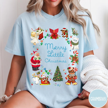 Comfort Colors tee in Chambray featuring vintage style holiday characters including Santa, a snowman, and gingerbread man.
