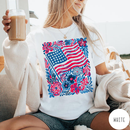Comfort Colors tee in White featuring boho style American flag and floral graphic design