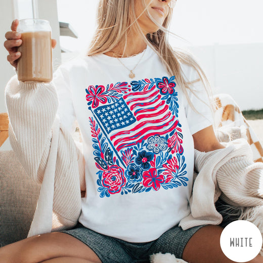 Comfort Colors tee in White featuring boho style American flag and floral graphic design