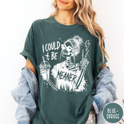 Comfort Colors tee in Blue Spruce featuring skeleton graphic with sunglasses, messy bun, iced coffee, and lightning bolt.