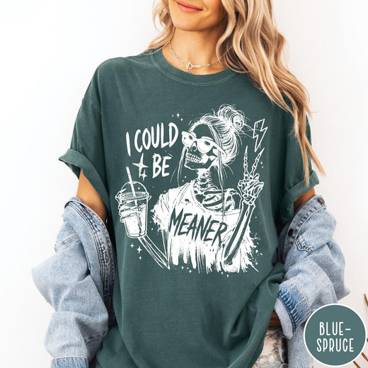 Comfort Colors tee in Blue Spruce featuring skeleton graphic with sunglasses, messy bun, iced coffee, and lightning bolt.