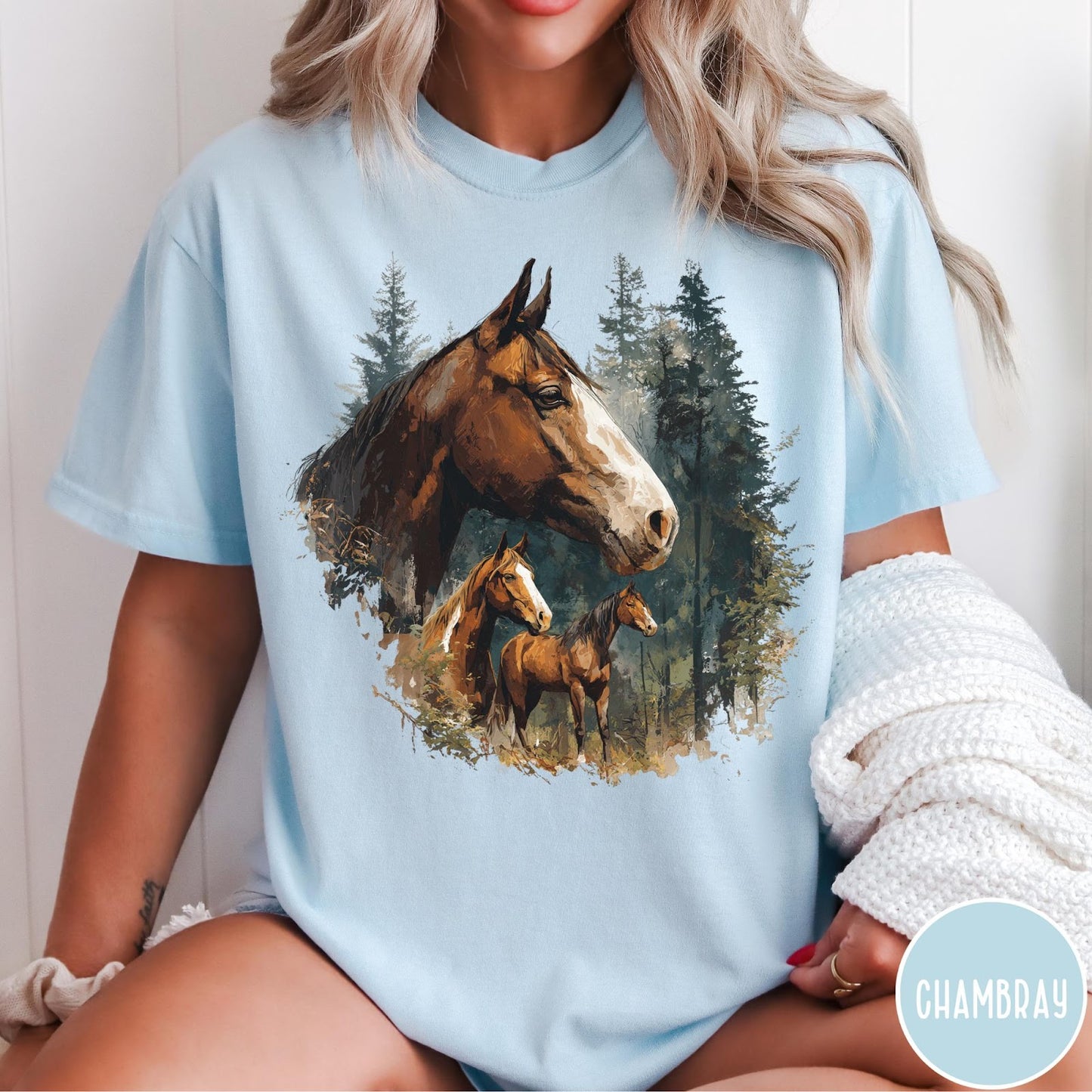 Comfort Colors tee in Chambray featuring vintage style graphic of three horses standing in a pine forest