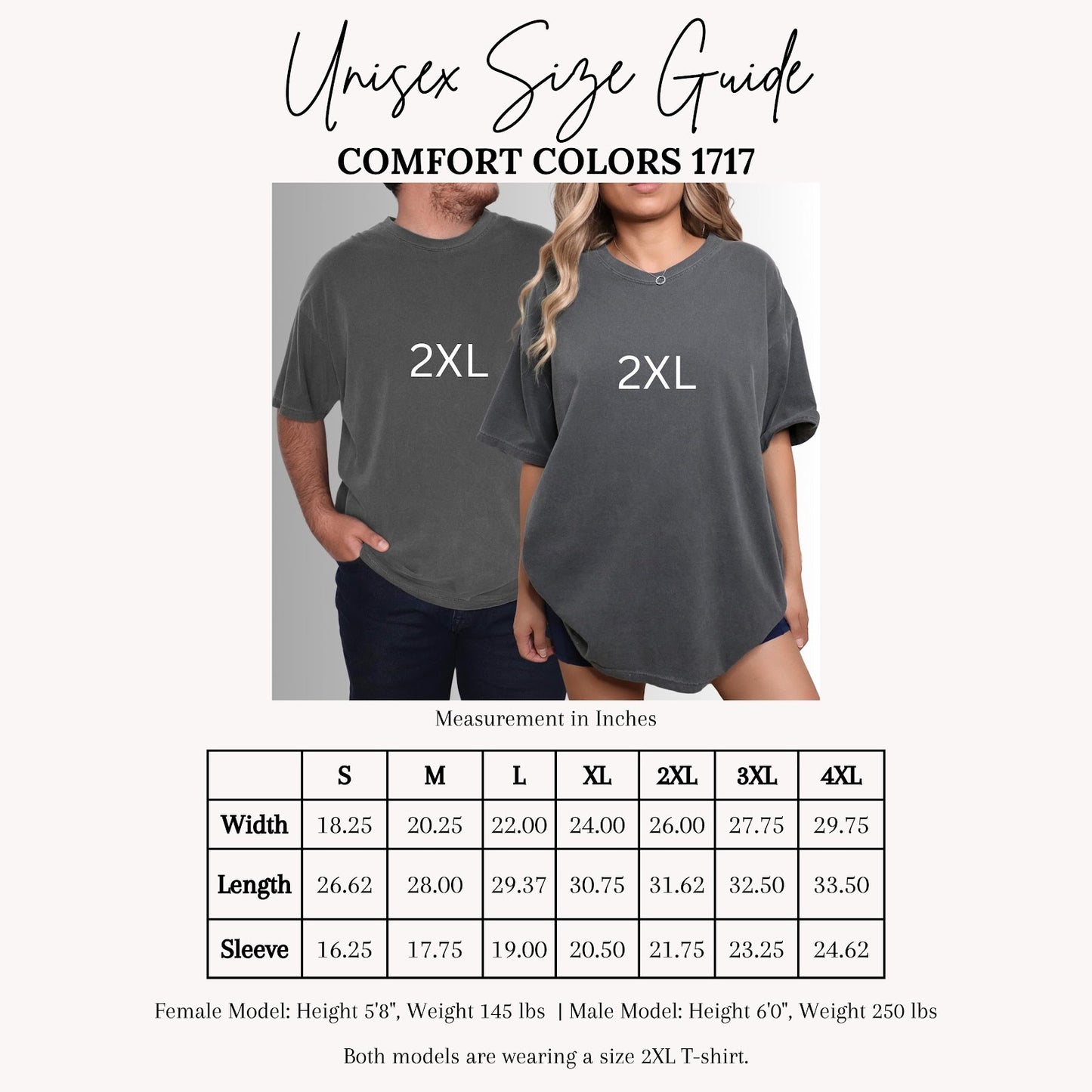 Comfort Colors tee size chart showing measurements for sizes S through 4XL with model height and weight