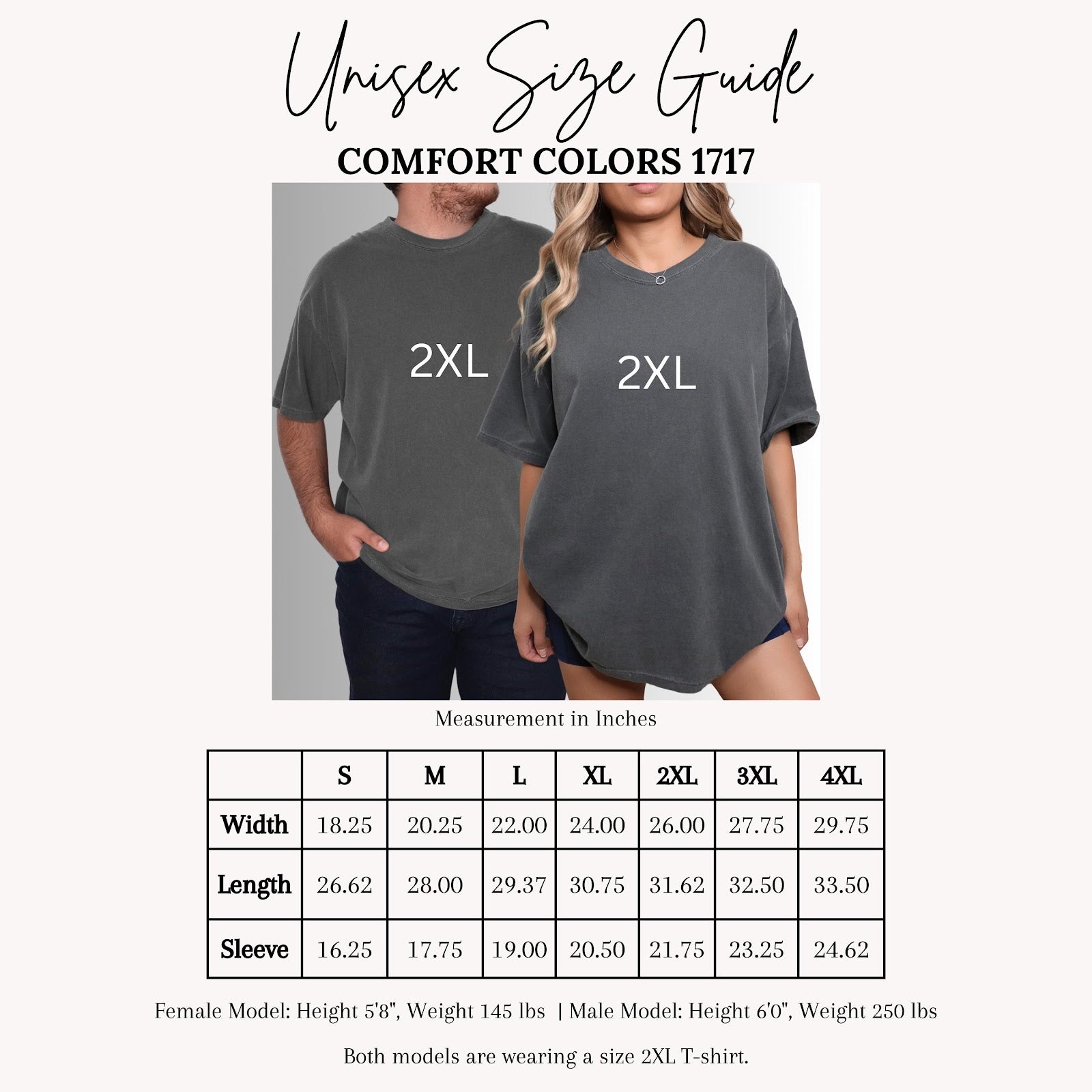 Comfort Colors tee size chart showing measurements for sizes S through 4XL with model height and weight