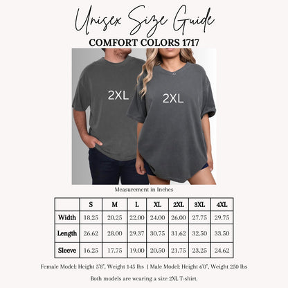 Comfort Colors tee size chart showing measurements for sizes S through 4XL with model height and weight