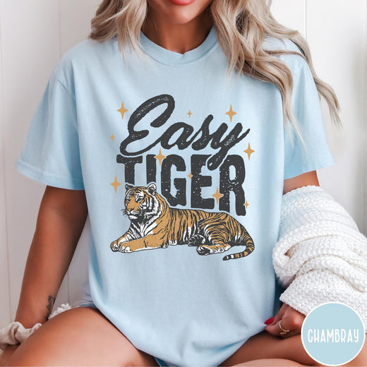 Comfort Colors tee in Chambray featuring vintage style graphic of a tiger with Easy Tiger text