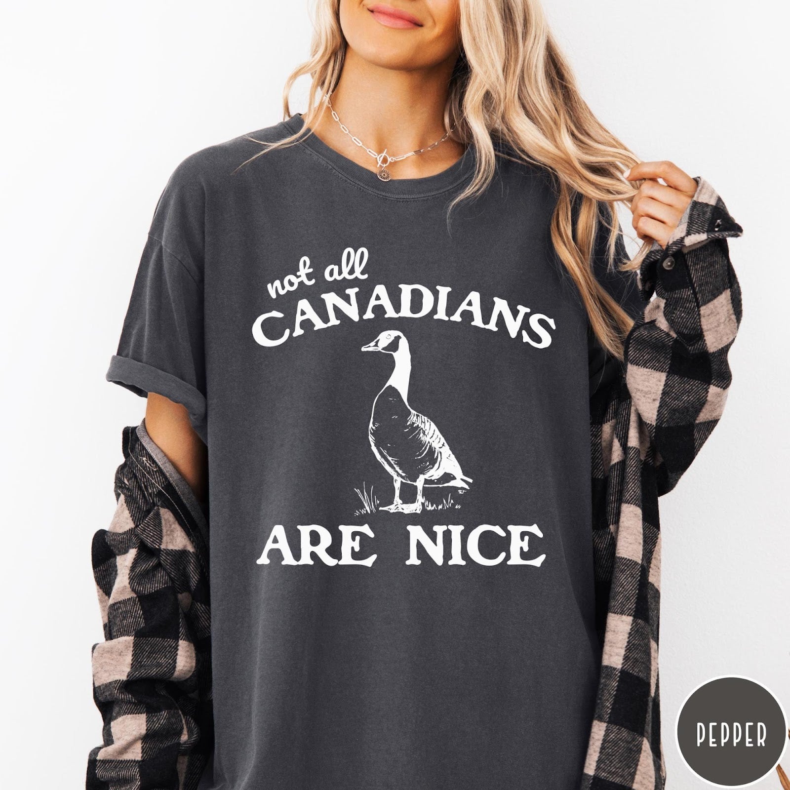 Comfort Colors tee in Pepper featuring casual graphic design of a Canada goose and humorous text
