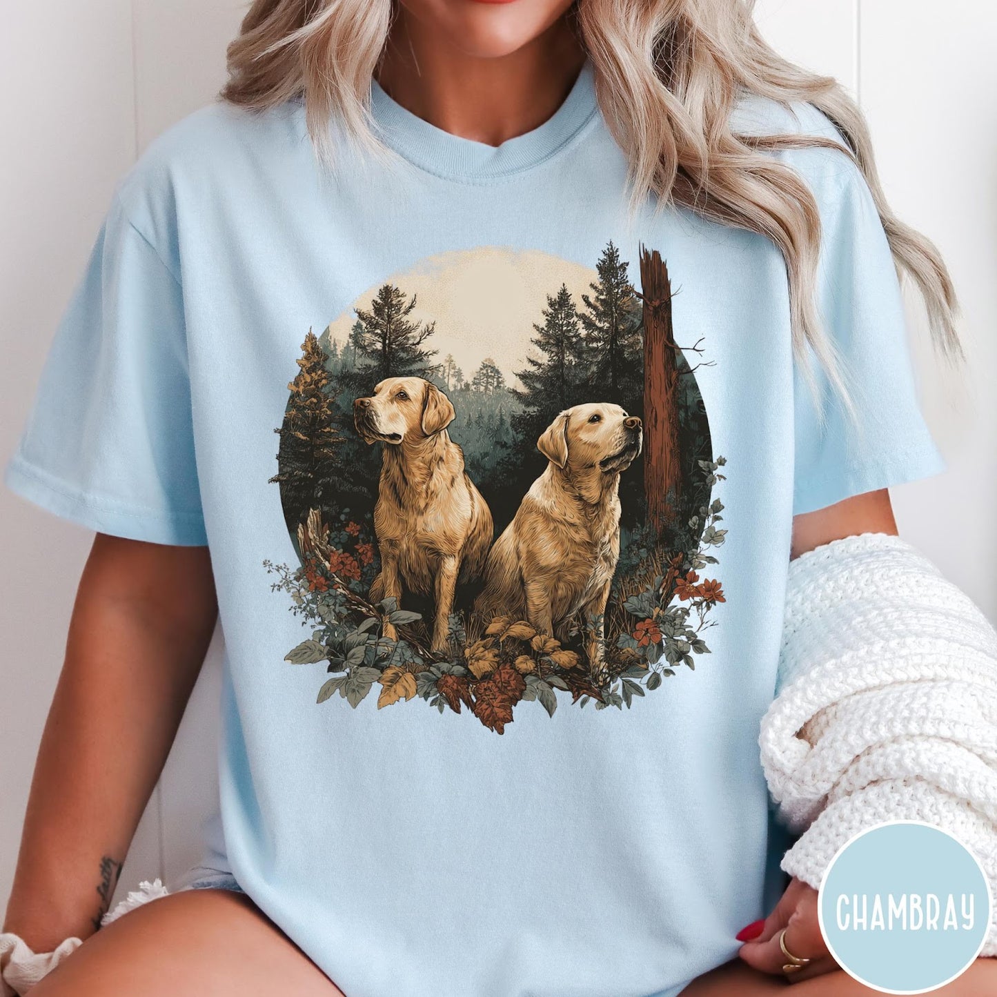 Comfort Colors tee in Chambray featuring vintage style graphic of two golden labrador dogs in forest