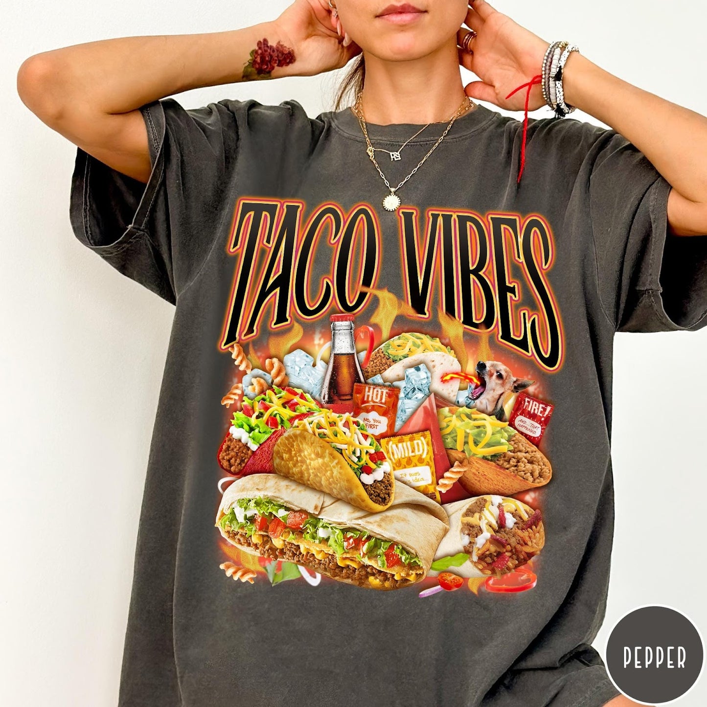 Comfort Colors tee in Pepper featuring retro style graphic with tacos, hot sauce, and a chihuahua dog