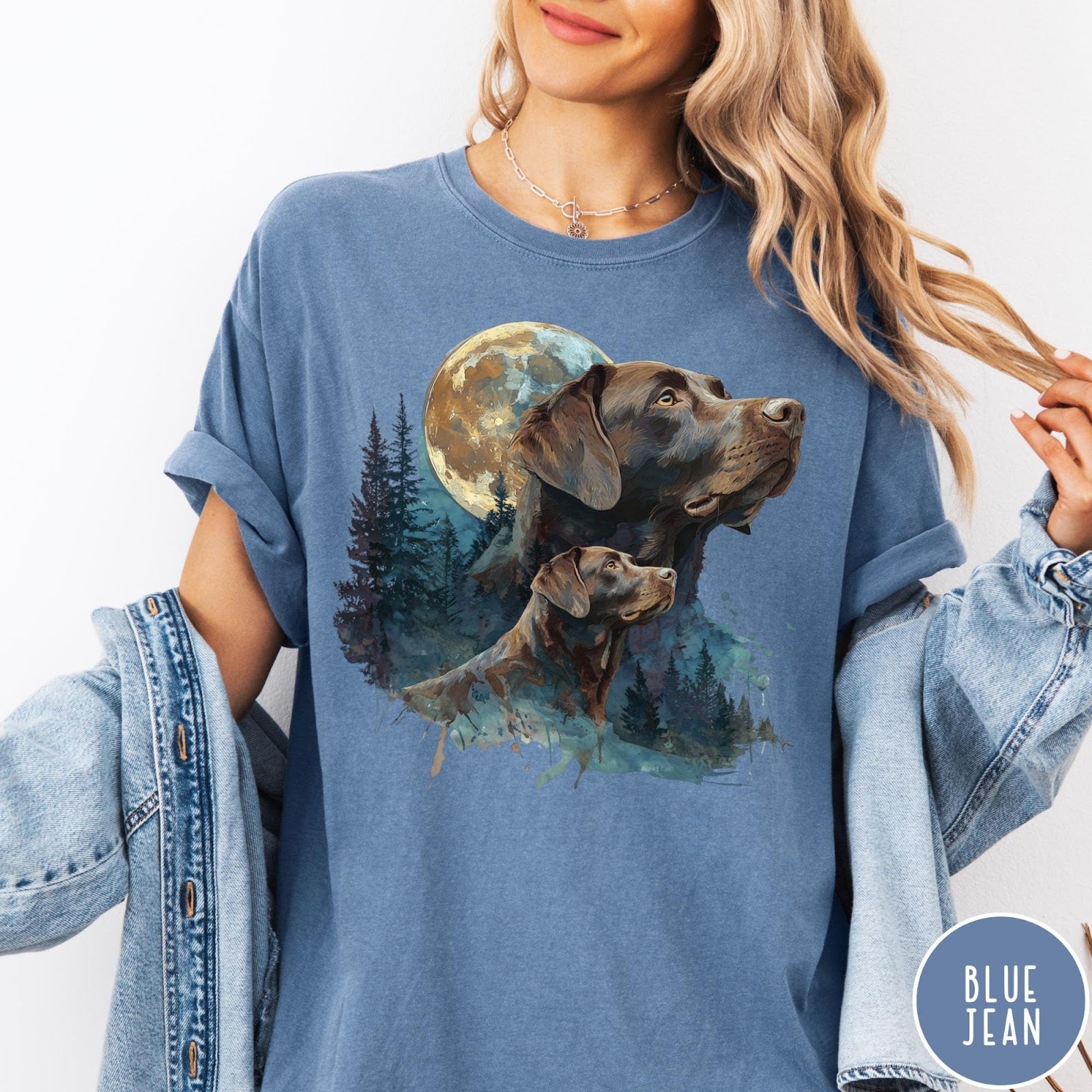 Comfort Colors tee in Blue Jean featuring vintage style graphic of two Chocolate Labradors under a full moon