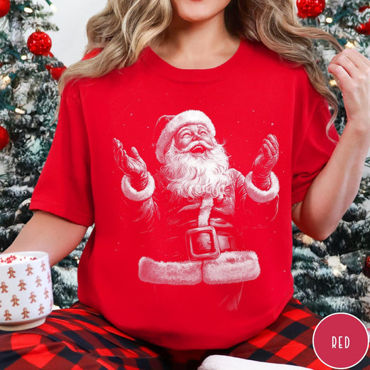 Comfort Colors tee in Red featuring vintage style graphic of a joyful Santa Claus with open arms