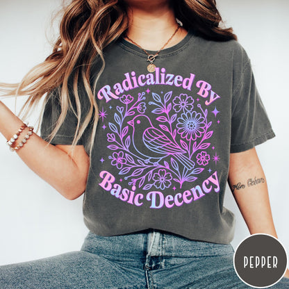 Comfort Colors tee in Pepper featuring illustrative graphic of a bird surrounded by flowers and stars