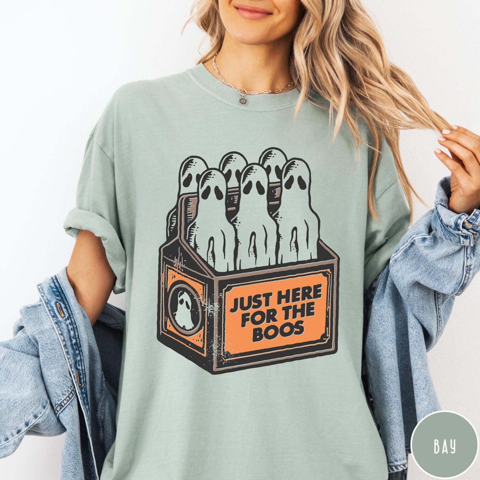Comfort Colors tee in Bay featuring vintage style graphic of ghosts in a milk carton crate