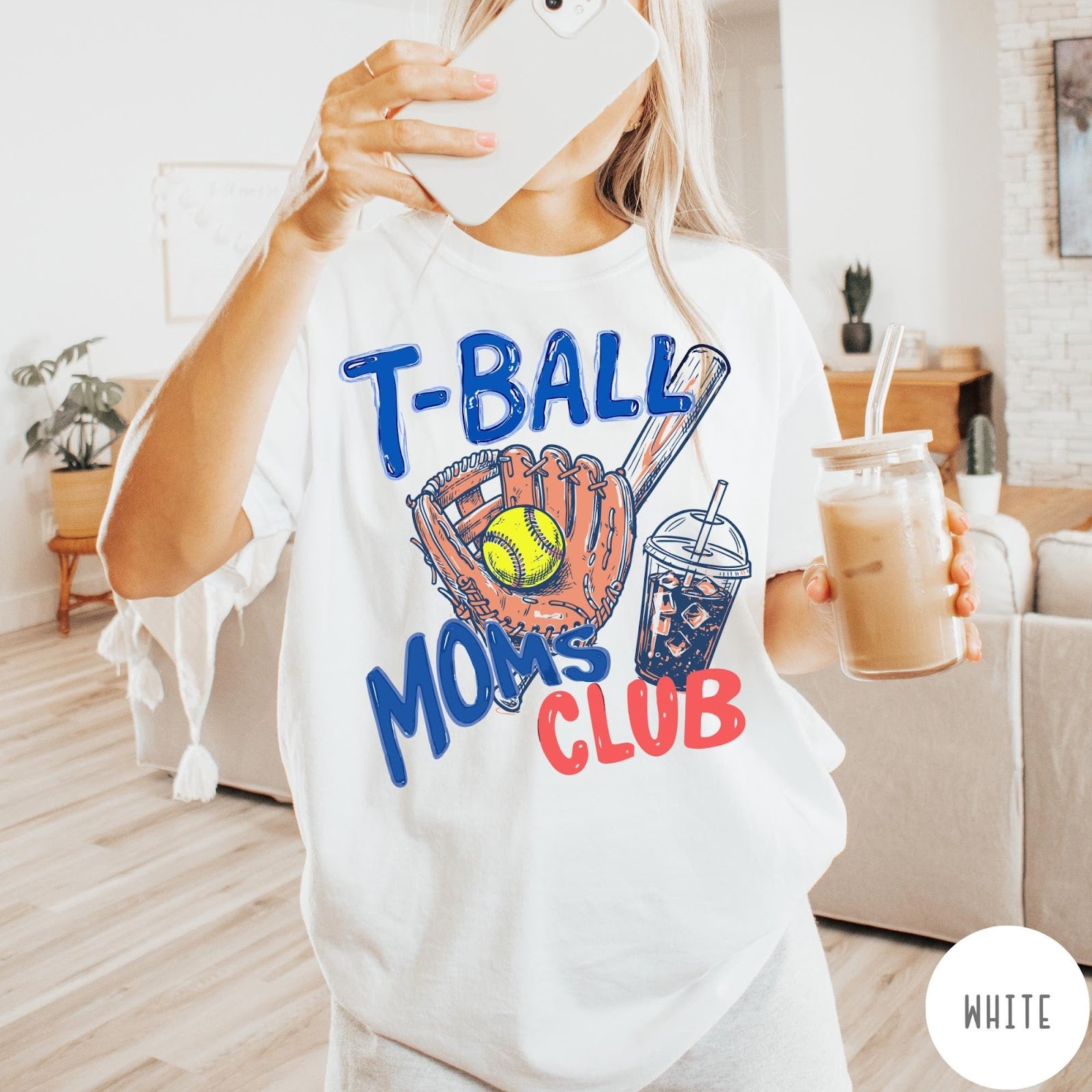 Comfort Colors tee in White featuring retro graphic style T-Ball Moms Club with glove and iced coffee