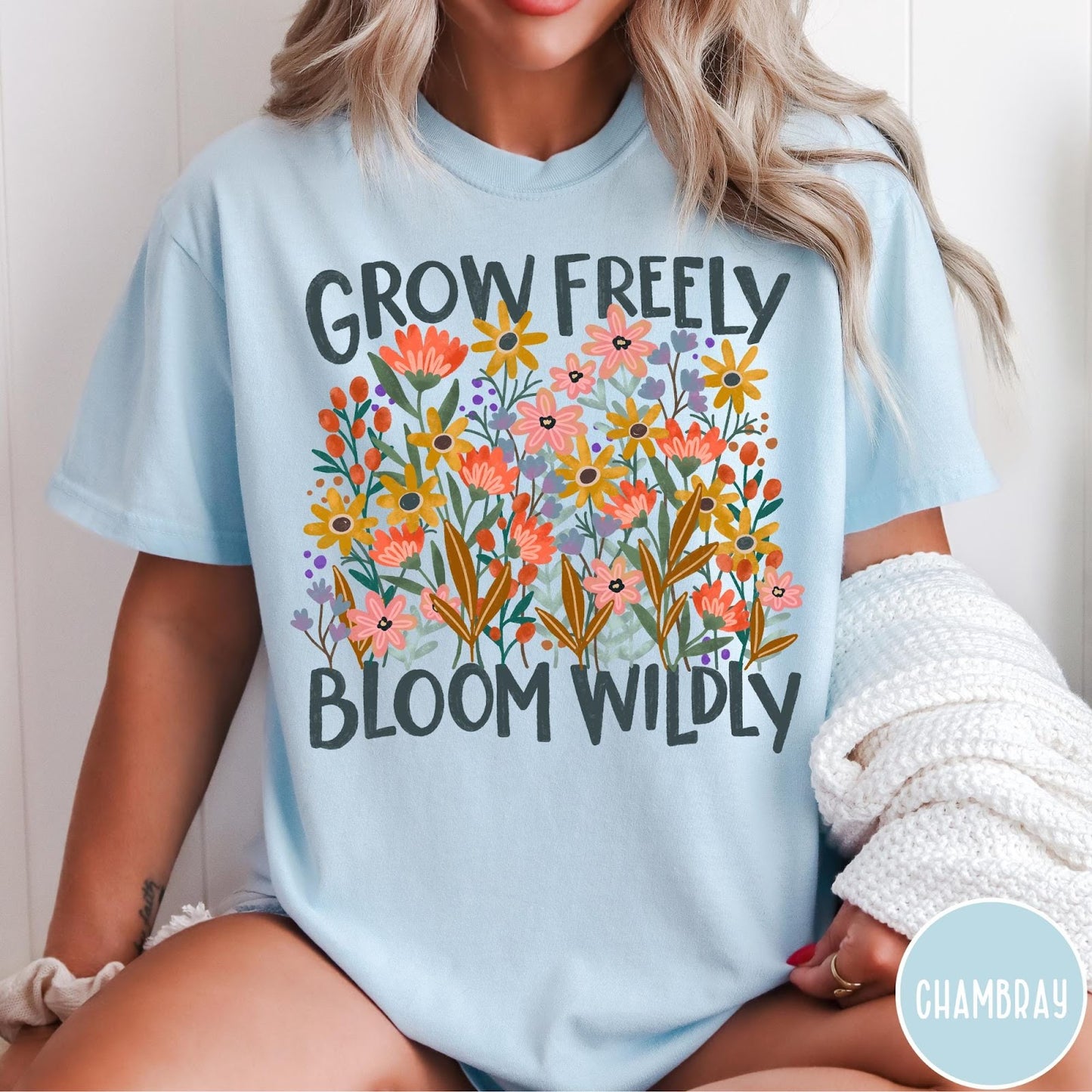 Comfort Colors tee in Chambray featuring wildflower design with colorful flowers and Grow Freely Bloom Wildly text