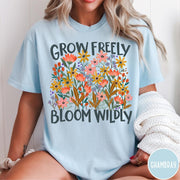 Comfort Colors tee in Chambray featuring wildflower design with colorful flowers and Grow Freely Bloom Wildly text