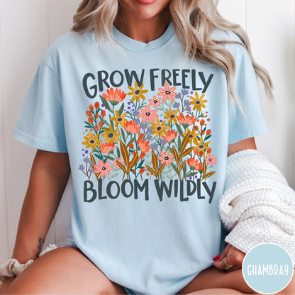 Comfort Colors tee in Chambray featuring wildflower design with colorful flowers and Grow Freely Bloom Wildly text