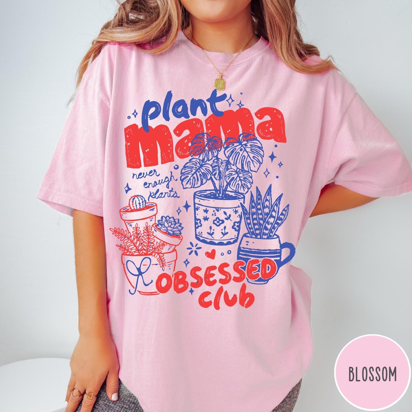 Comfort Colors tee in Blossom featuring graphic design with potted plants and Plant Mama Obsessed Club text