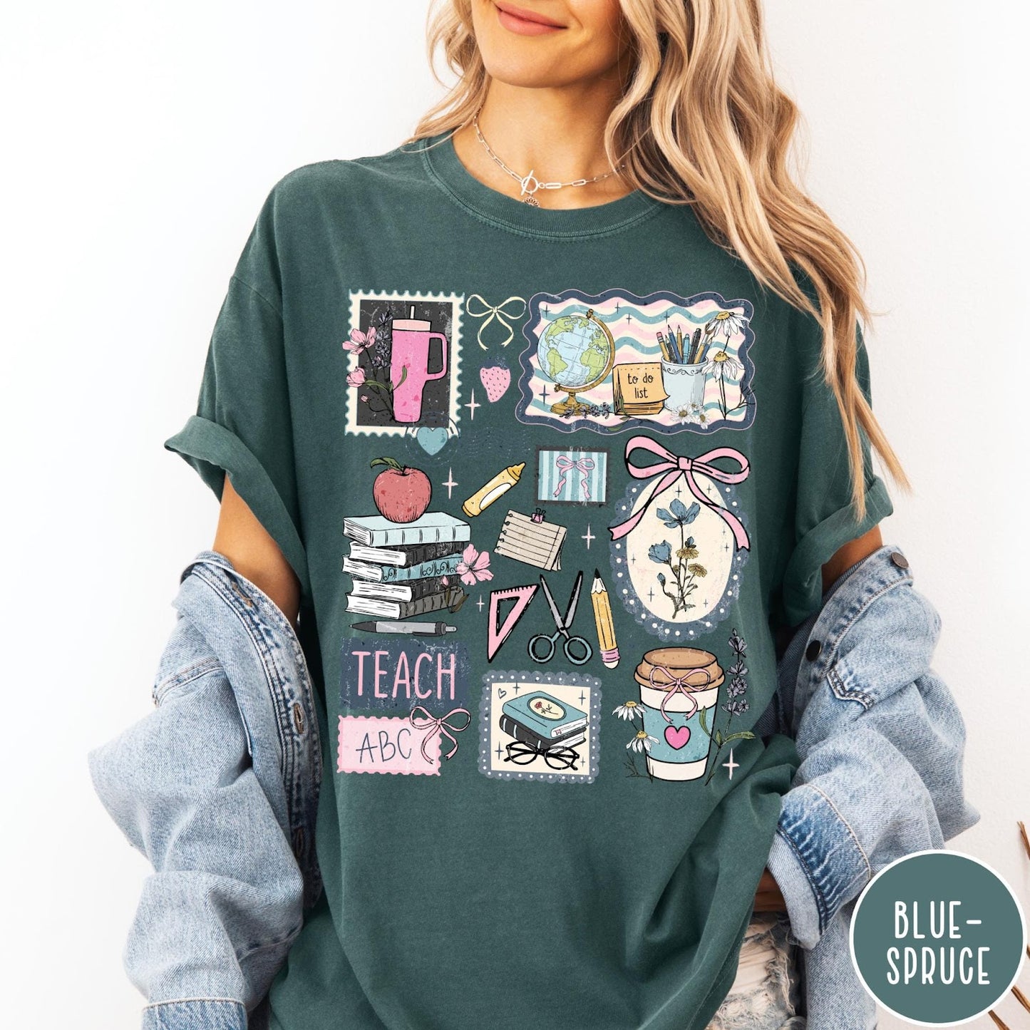 Comfort Colors tee in Blue Spruce featuring collage style graphic with school supplies and teacher life themed illustrations