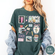 Comfort Colors tee in Blue Spruce featuring collage style graphic with school supplies and teacher life themed illustrations