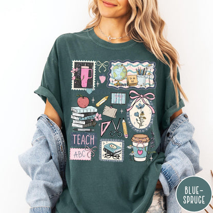 Comfort Colors tee in Blue Spruce featuring collage style graphic with school supplies and teacher life themed illustrations