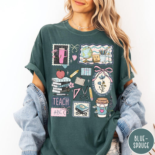 Comfort Colors tee in Blue Spruce featuring collage style graphic with school supplies and teacher life themed illustrations