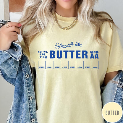 Comfort Colors tee in Butter featuring a graphic design of a butter wrapper with measurements and text.