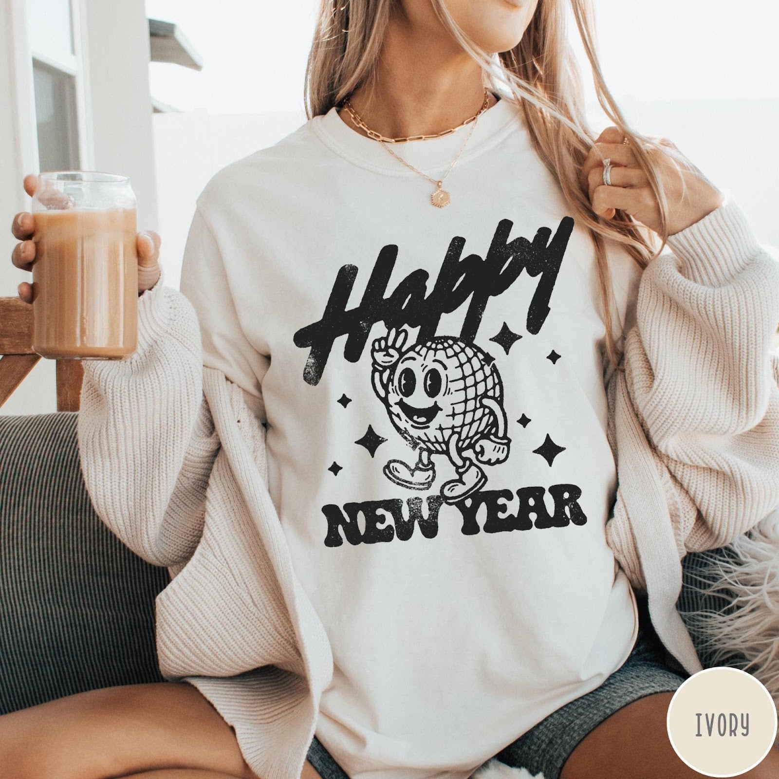 Comfort Colors tee in Ivory featuring retro disco style graphic of a happy disco ball mascot character