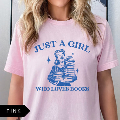 Comfort Colors tee in Pink featuring vintage style graphic of a girl holding a stack of books