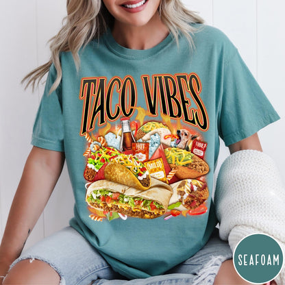 Comfort Colors tee in Seafoam featuring retro style graphic with tacos, hot sauce, and a chihuahua dog